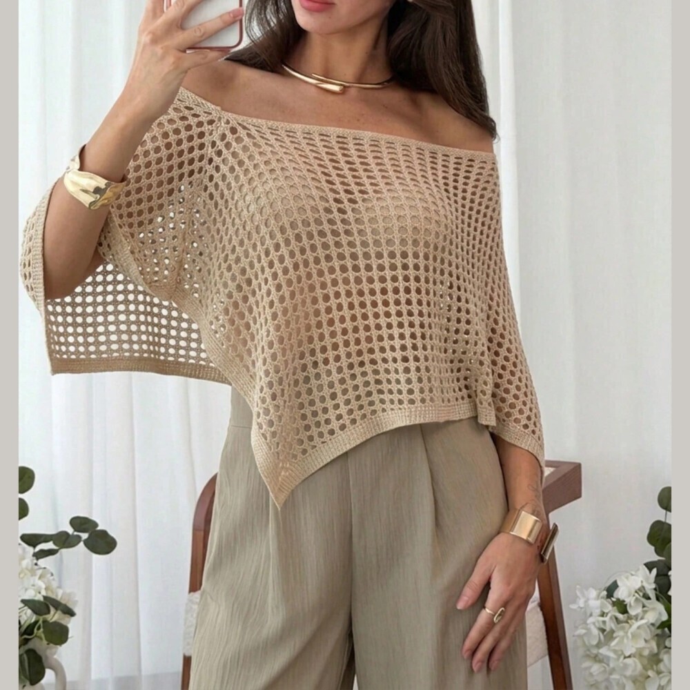 Tan Crochet Knit Off the Shoulder Oversized Crop Top